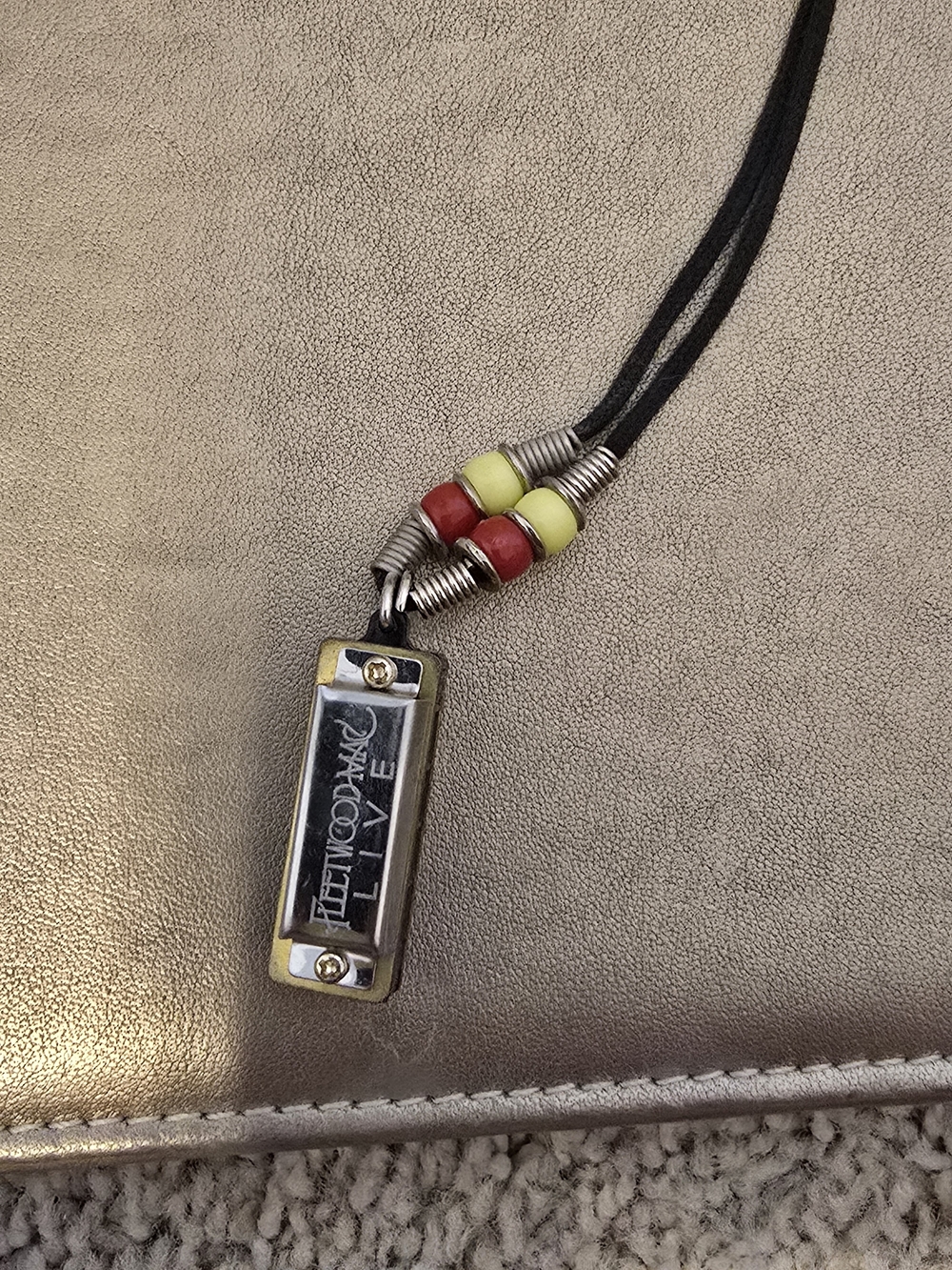 Leather Cord Necklace with Harmonica Pendant in Black, Red & Yellow
